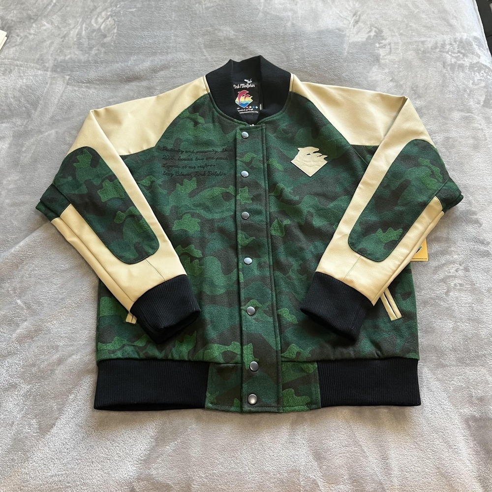 Pink Dolphin Jacket Mens Medium Green Camo Wool Varsity Bomber Snap Front Logo